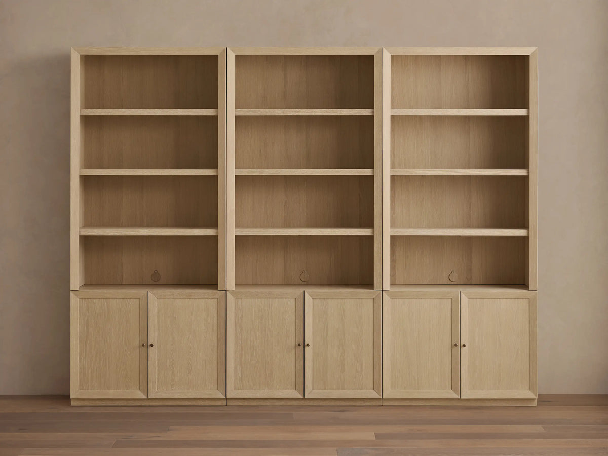 Three Nason Modular Hutch Cabinets in sand-finish white oak, side-by-side, with open shelves and lower cabinet doors.