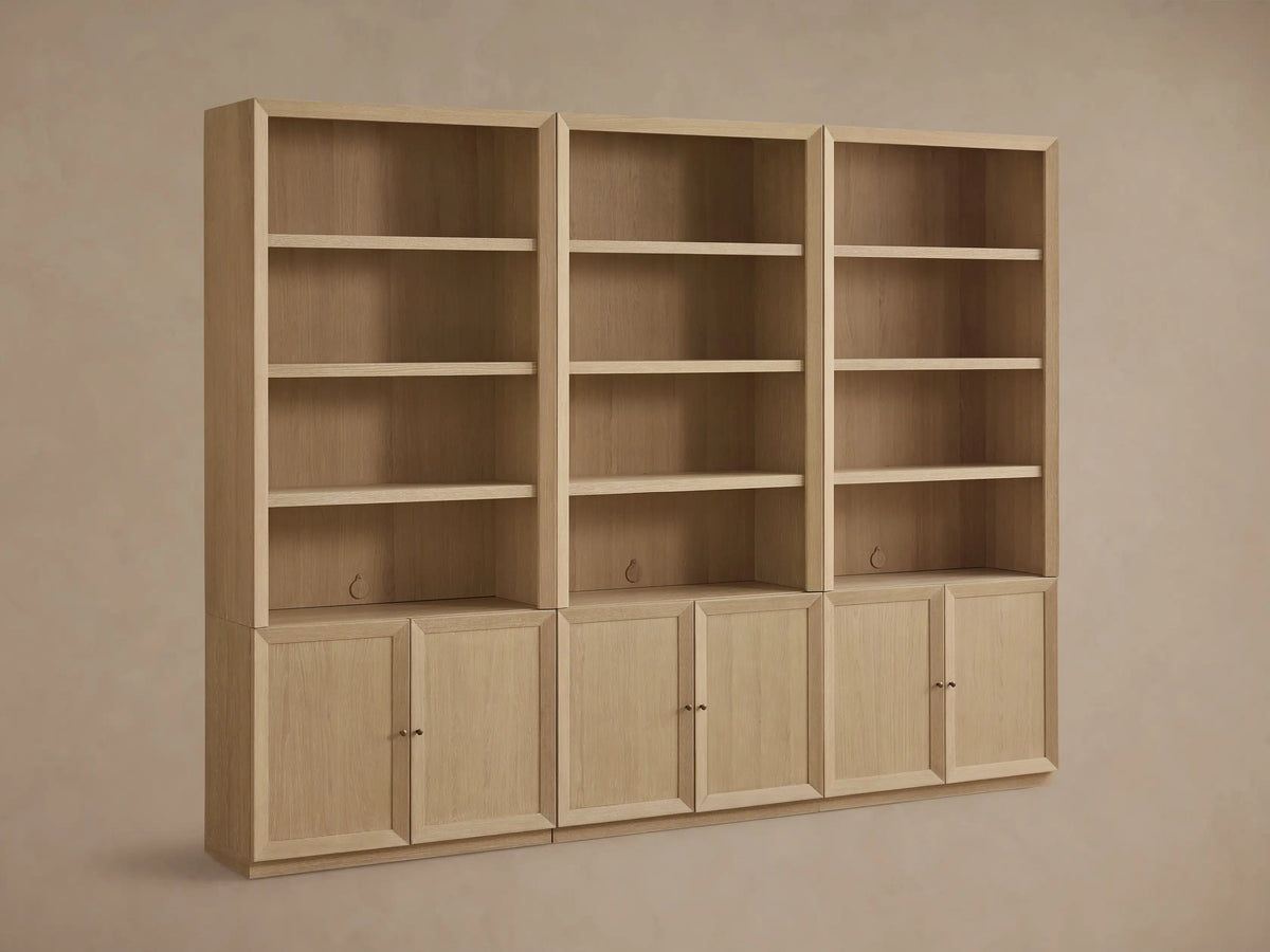 Three light sand oak Nason Modular Hutch Cabinets with open shelves, cord management, and two-door lower cabinets.