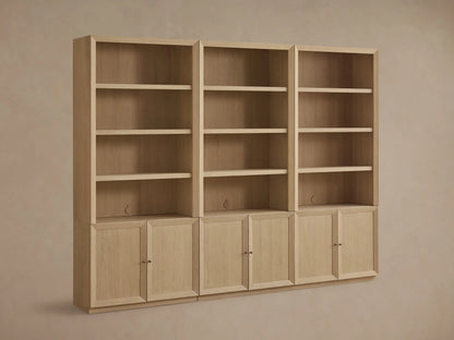 Three light sand oak Nason Modular Hutch Cabinets with open shelves, cord management, and two-door lower cabinets.