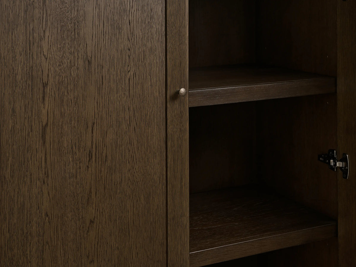 Nason Modular Media Cabinet Set: Dark mocha wood modular wall unit with tall double-door cabinets, lower console, and central TV.