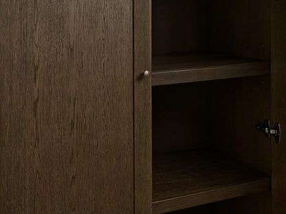 Nason Modular Media Cabinet Set: Dark mocha wood modular wall unit with tall double-door cabinets, lower console, and central TV.