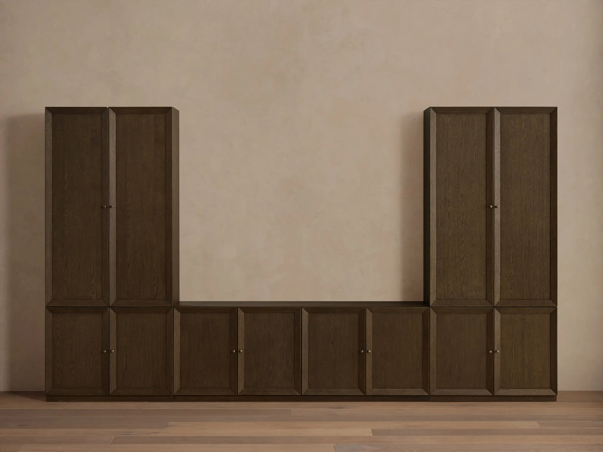 Nason Modular Media Cabinet Set: Close-up of dark brown red oak cabinet door on left, open interior with two shelves, hinge.