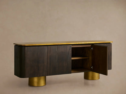 Neira Buffet with dark wood finish and brass top and legs, showing one open door with adjustable shelves inside, against a neutral background.