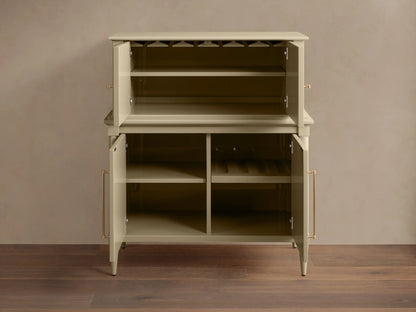 Front view of open light greige Oakleigh Bar Cabinet, with brass hardware, internal shelves, stemware, and bottle storage.