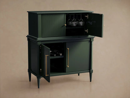 Oakleigh Bar Cabinet in dark green with open doors, revealing stemware and bottle storage. Reeded detailing and brass hardware accent the design.