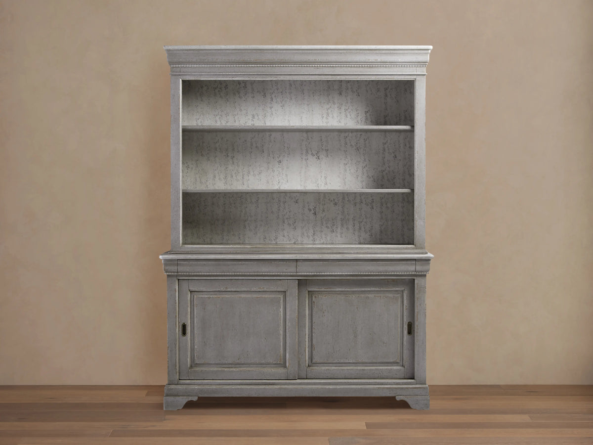 Giada Bell'Arte Bookcase in Antique Grey with two shelves and two cabinet doors, showcasing a textured, hand-finished surface.