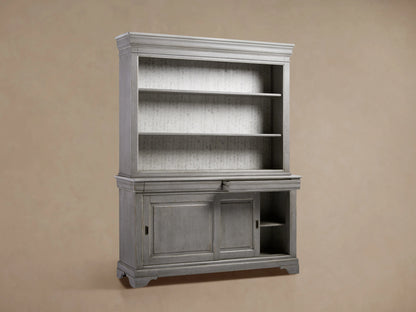 Antique grey bookcase crafted from tulip wood, featuring three open shelves above, a drawer, and closed cabinet doors below.