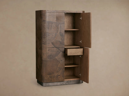 Polanco Cabinet made from oyster-cut wood, showcasing open doors with shelves and a drawer. Features a natural patina and distinct wood grain.