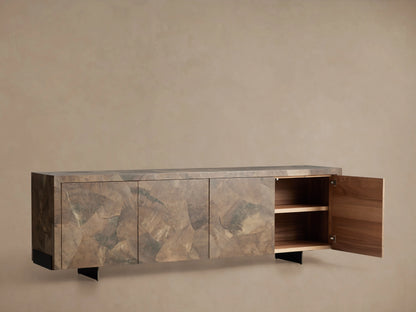 Polanco Sideboard with a rectangular shape, featuring a textured wood finish with varying earthy tones, resting on dark steel legs.