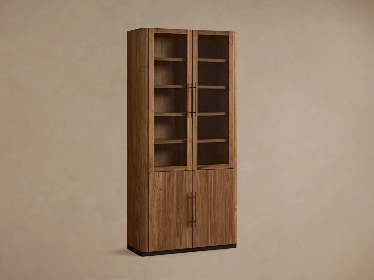 Piermont Modular Glass Cabinet, rich brown walnut wood, glass doors with bronze handles, and multiple interior shelves.