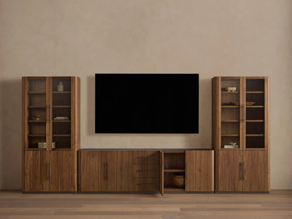 Piermont Modular Glass Media Cabinet Set: Dark walnut wood with two glass display cabinets flanking central console with drawers; TV above.