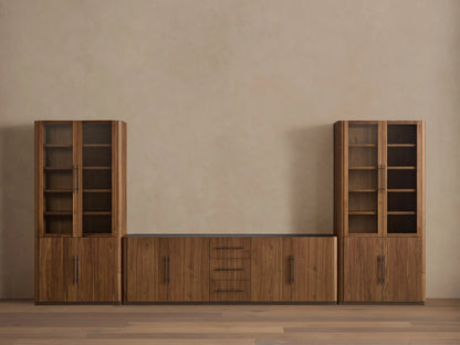 Piermont Modular Glass Media Cabinet Set: Dark walnut wood with two glass display cabinets flanking central console with drawers; TV above.
