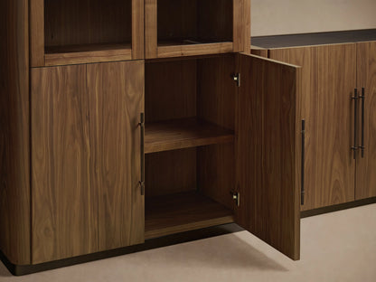 Dark walnut Piermont modular media cabinet set: two glass-top towers, center console with drawers, on a wood floor.
