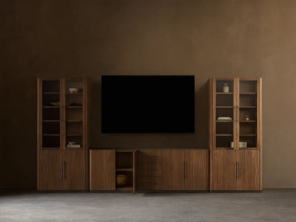 Piermont Modular Glass Media Cabinet Set: Dark walnut wood with two glass display cabinets flanking central console with drawers; TV above.