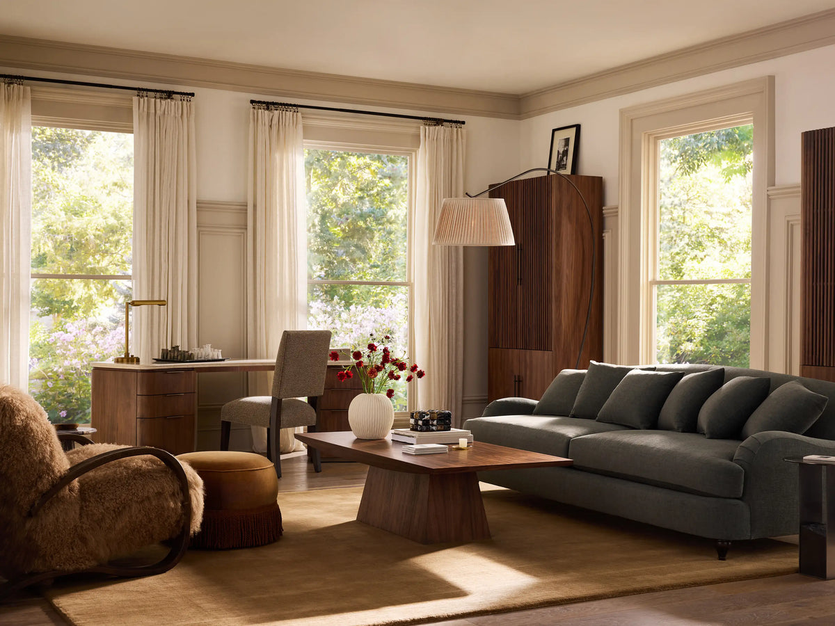 Piermont Modular Reeded Cabinet in dark walnut. Left door open shows shelves, reeded right door, and solid lower doors.