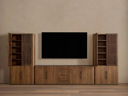 Piermont Modular Reeded Media Cabinet Set in walnut. Full view of side cabinets with open reeded doors, central console with drawers.