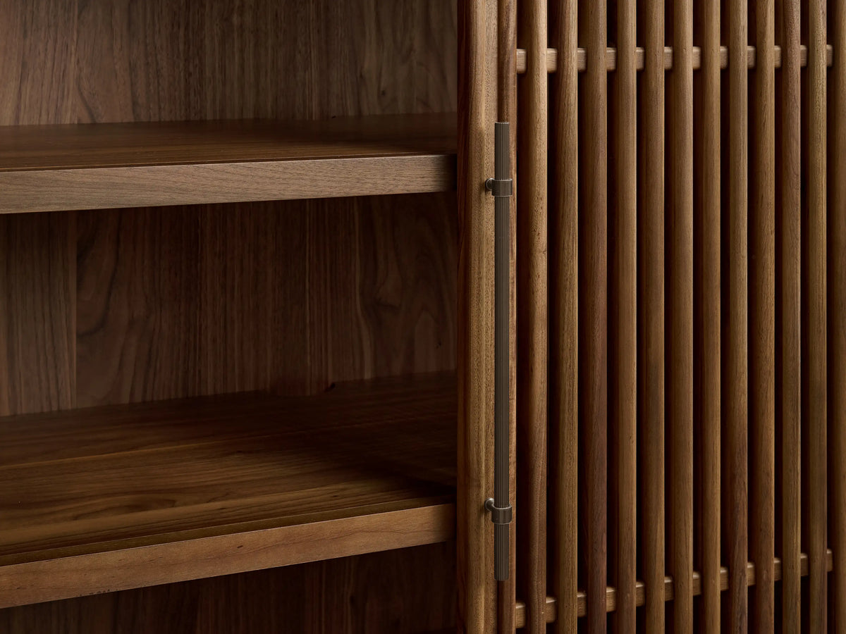 Piermont Modular Reeded Media Cabinet Set: Warm brown wood grain cabinets, reeded top, bronze handles & plinth base.