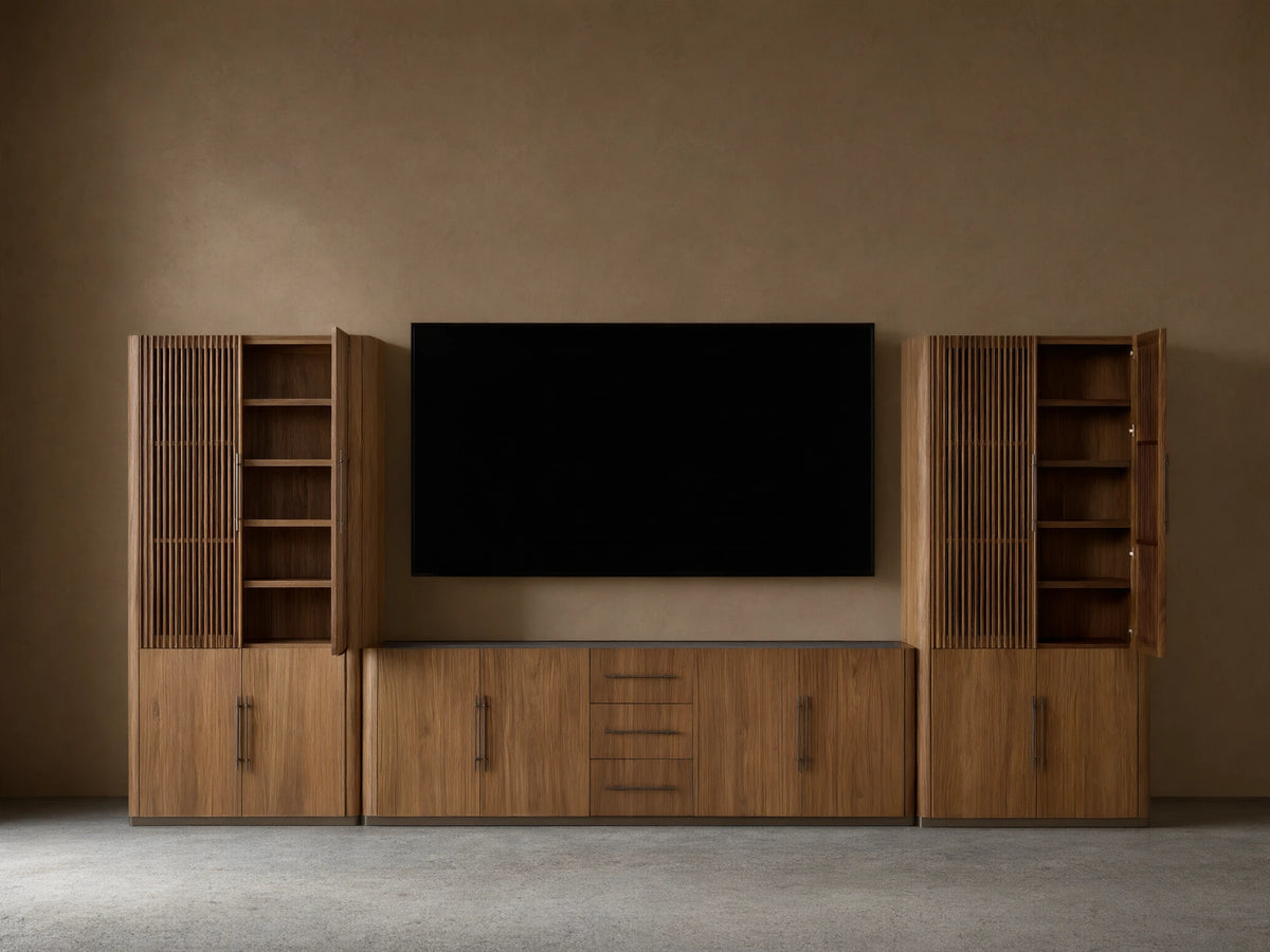 Piermont Modular Reeded Media Cabinet Set in walnut. Full view of side cabinets with open reeded doors, central console with drawers.