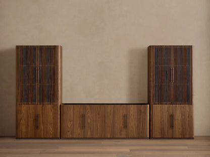 Piermont Modular Media Cabinet, rich brown walnut, left door open showing shelves and cord hole. Dark top and vertical handle.