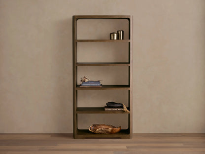 Front view of the dark reclaimed oak Redding Bookcase with five open shelves and rounded corners, styled with home decor.