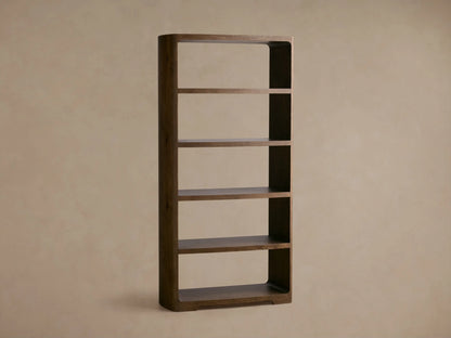 Front view of the dark brown Redding Bookcase, with rounded edges and four fixed, open shelves.