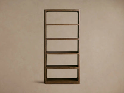 Front view of the dark brown Redding Bookcase, a tall, rectangular wooden unit with rounded corners and four fixed open shelves.