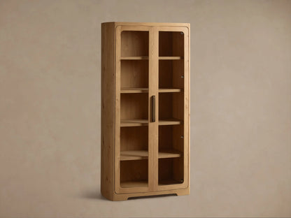Front view of the light brown Redding Glass Cabinet, crafted from reclaimed white oak, with two glass doors, four shelves, and antique brass handle.