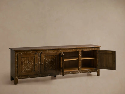Front view of the dark brown Stefania Four-Door Buffet with hand-painted vine decor, two left doors closed, two right doors open revealing shelves.