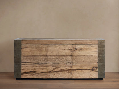 Telluride Media Console made of solid oak with a rustic wood finish and oxidized steel side panels, front view.