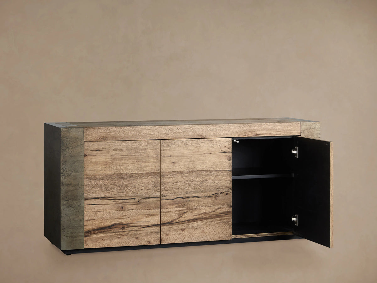 Telluride Media Console made of solid oak with a rustic wood finish and oxidized steel side panels, front view.