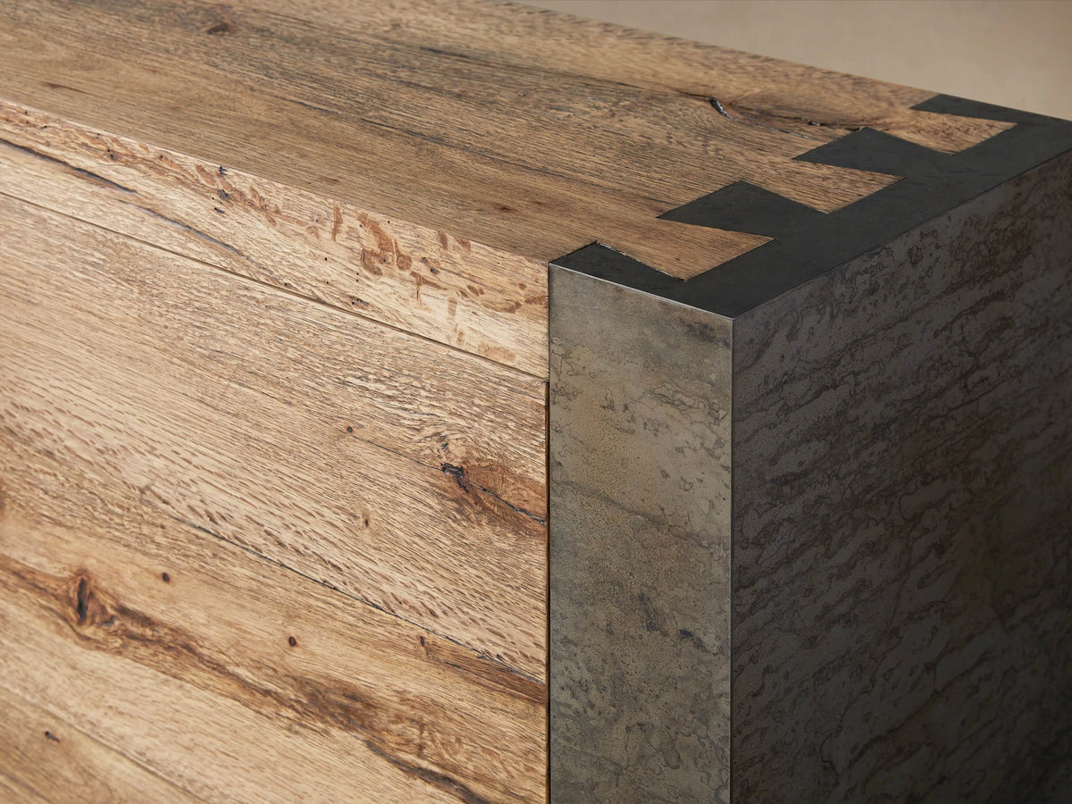 Telluride Media Console made from oak wood and steel, showing two doors with one open, revealing shelves inside.