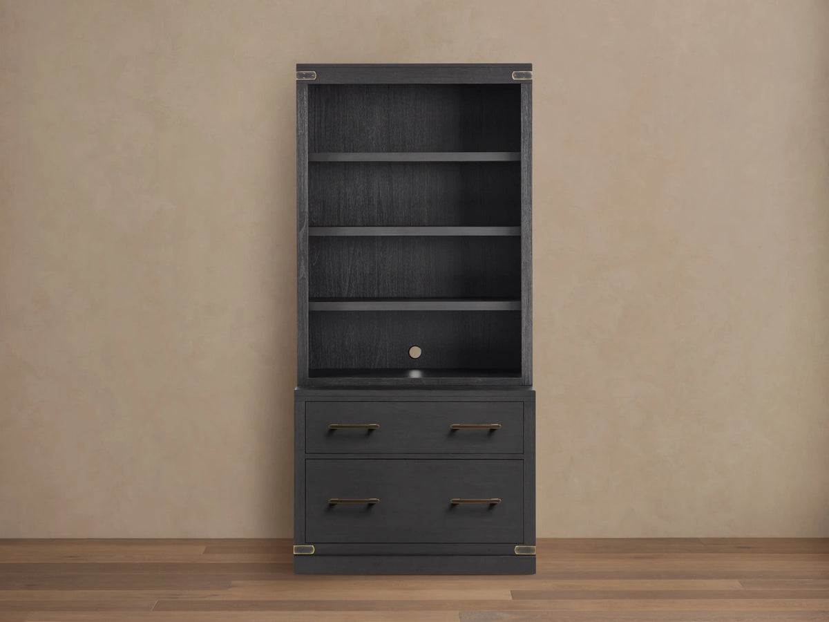 Dark gray Tremont Modular Bookcase with 4 shelves, cord hole, and 2 file drawers featuring antique brass pulls.