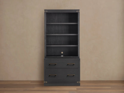 Dark gray Tremont Modular Bookcase with 4 shelves, cord hole, and 2 file drawers featuring antique brass pulls.