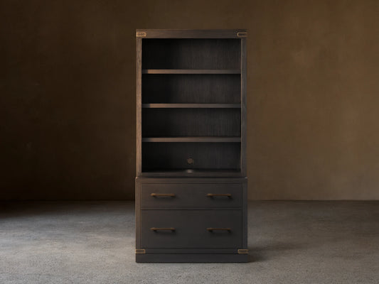 Dark gray Tremont Modular Bookcase with 4 shelves, cord hole, and 2 file drawers featuring antique brass pulls.