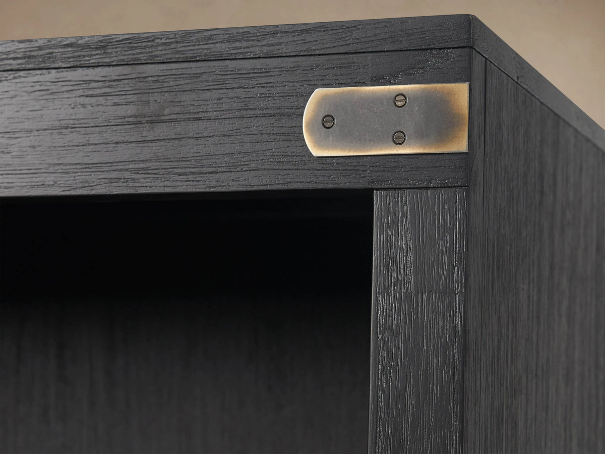 Tremont Bookcase: Dark gray distressed wood with 3 open shelves, 4 file drawers, & antique brass hardware. Front view.