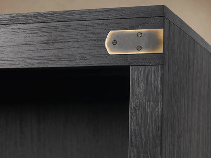 Tremont Bookcase: Dark gray distressed wood with 3 open shelves, 4 file drawers, & antique brass hardware. Front view.