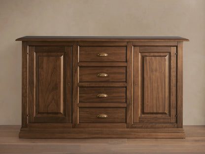 Tuscany Buffet in rich brown wood, featuring two cabinet doors on the sides, four central drawers with antiqued brass pulls.