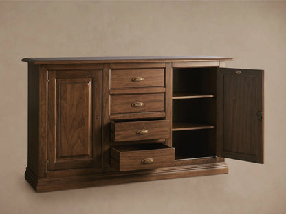 Tuscany Buffet in rich brown wood, featuring two cabinet doors on the sides, four central drawers with antiqued brass pulls.