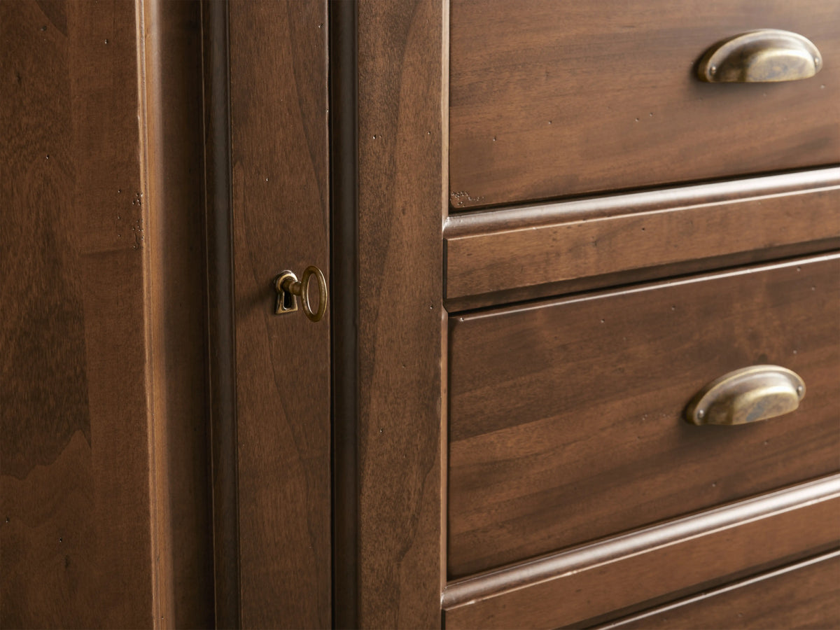 Tuscany Buffet made of rich poplar wood, features open cabinet door, four drawers with brass pulls, and an antique finish.