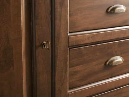 Tuscany Buffet made of rich poplar wood, features open cabinet door, four drawers with brass pulls, and an antique finish.