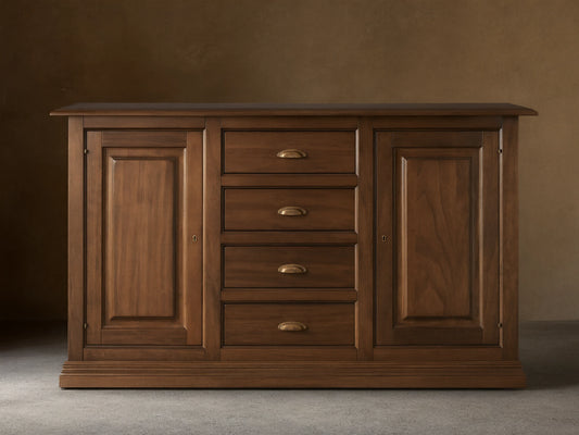 Tuscany Buffet in rich brown wood, featuring two cabinet doors on the sides, four central drawers with antiqued brass pulls.