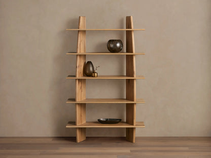 Viareggio Bookcase made of solid oak wood with five fixed shelves, displaying decorative items, against a beige wall.