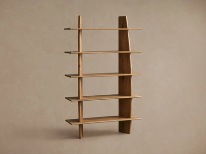 Alt text: Close-up of the Viareggio Bookcase made from solid oak wood, featuring its natural grain, with two shelves displaying decorative items like a textured vase and small golden pot.