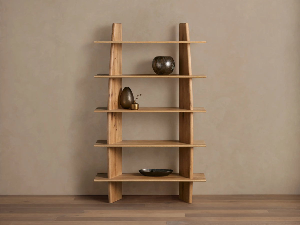 Oak bookcase with five fixed shelves, crafted from solid wood; asymmetrical design with a taller support beam on the right.