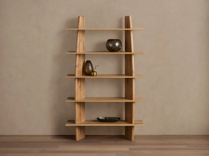 Viareggio Bookcase in natural oak wood with five shelves, featuring irregular organic wood patterns, holding decorative items.
