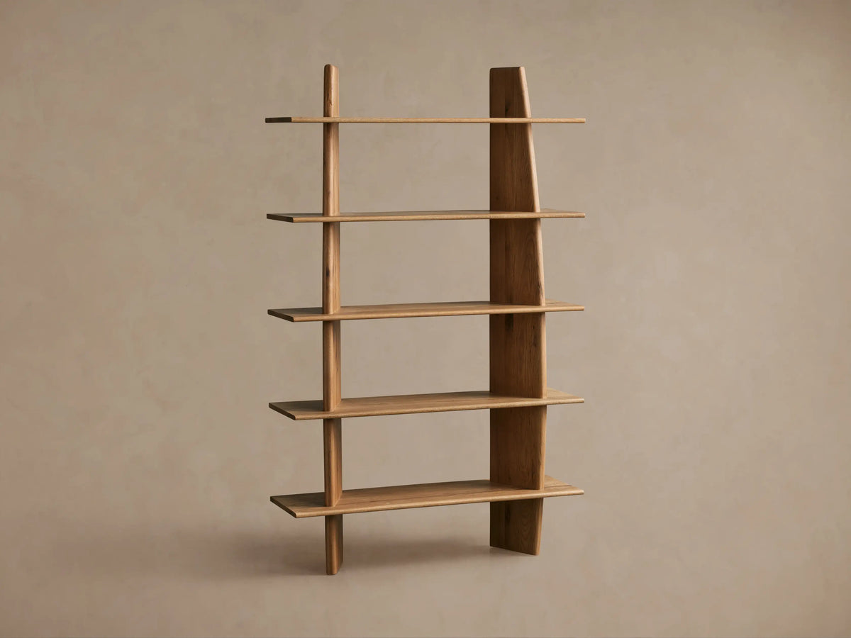 Viareggio Bookcase made of solid oak with a natural finish, featuring five shelves. Displayed with vases and bowl.