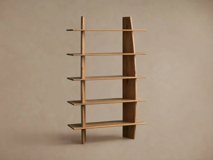Viareggio Bookcase made of solid oak with a natural finish, featuring five shelves. Displayed with vases and bowl.