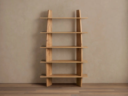 Viareggio Bookcase with five asymmetrically arranged fixed oak shelves, featuring a distinctive slanted design against a neutral backdrop.