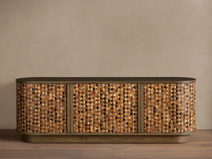 Zansi Sideboard with dark top, curved sides, 3 doors featuring a mosaic of varied brown and black horn and wood triangles.