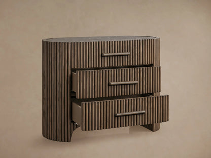 Astor Nightstand: Dark brown oak with reeding, curved sides, 3 drawers with integrated wood pulls, dark marble top.